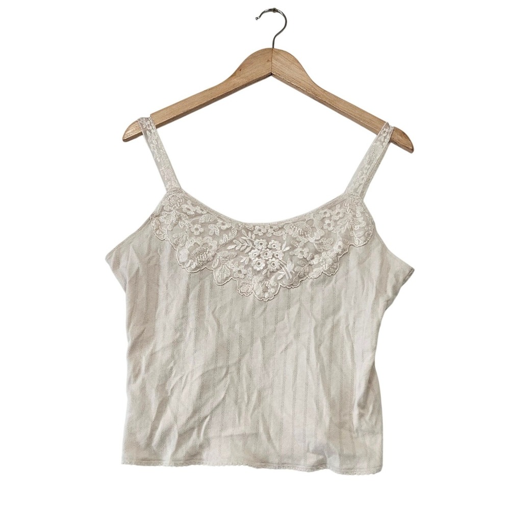 Vintage Y2K IE Relaxed Petite Cream‎ Lace Trim Striped Tank Top PXL Coquette